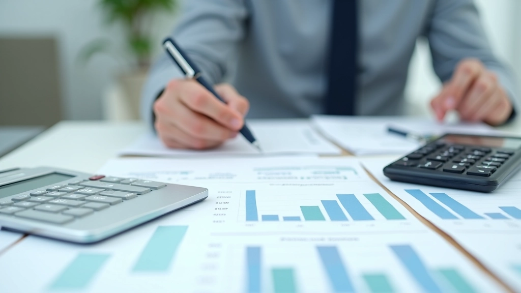 Graf znázorňující měsíční a roční příjmové limity s kalkulačkou a finančními dokumenty