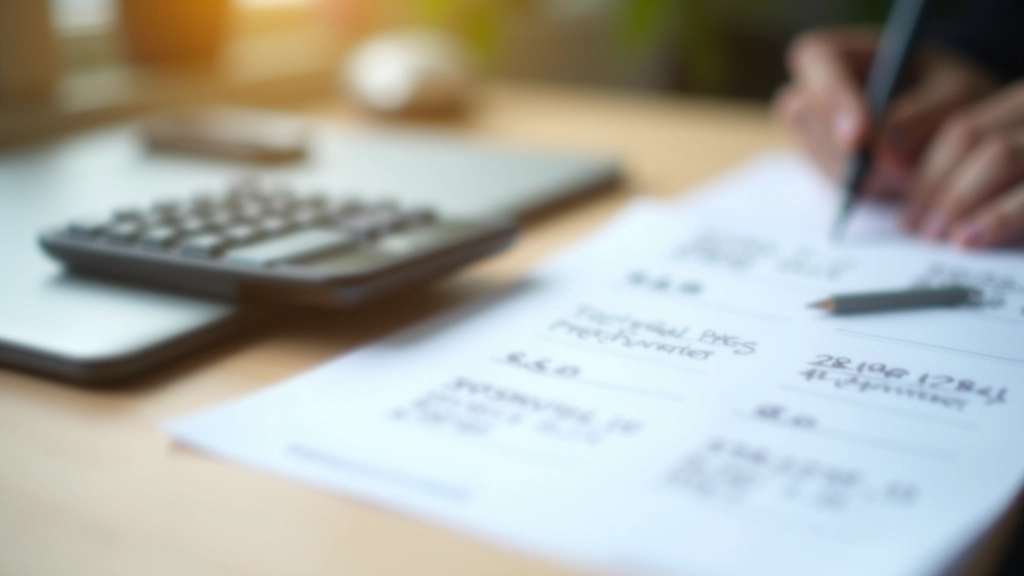 Stůl s kalkulačkou, tužkou a poznámkovým blokem zobrazujícím finanční výpočty