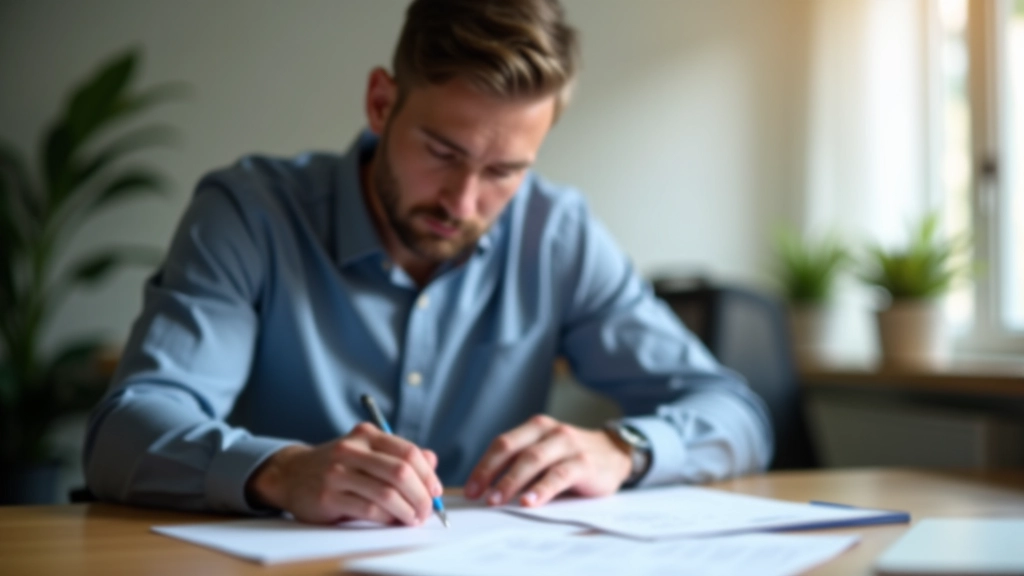 Muž soustředěně studuje finanční dokumenty a výpisy na své pracovní ploše